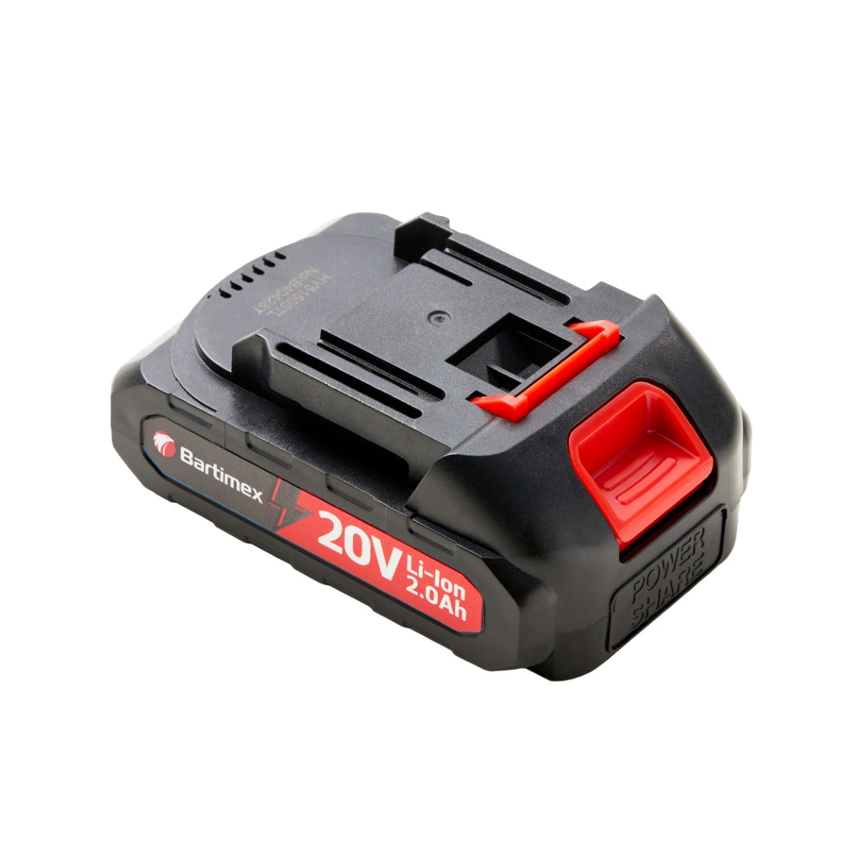 Dwie baterie litowo-jonowe o napięciu 20V i pojemności 2.0Ah marki Bartimex. Jedna z baterii jest otwarta, ukazując wewnętrzną strukturę z zielonymi ogniwami oraz płytką elektroniczną.